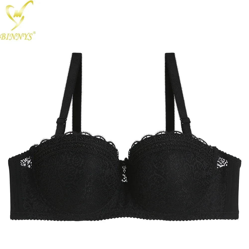 Binnys Women's Bra: Half Cup C Cup, Convertible Straps, Thin Female Lingerie, Lace Strap Back, Three Hook Underwire Ladies Bra