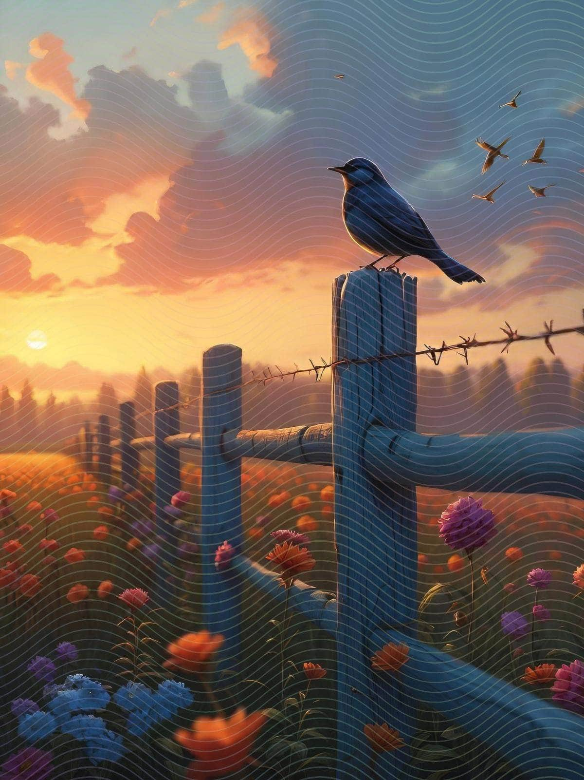 Bird Sits in a Flower Field at Sunset