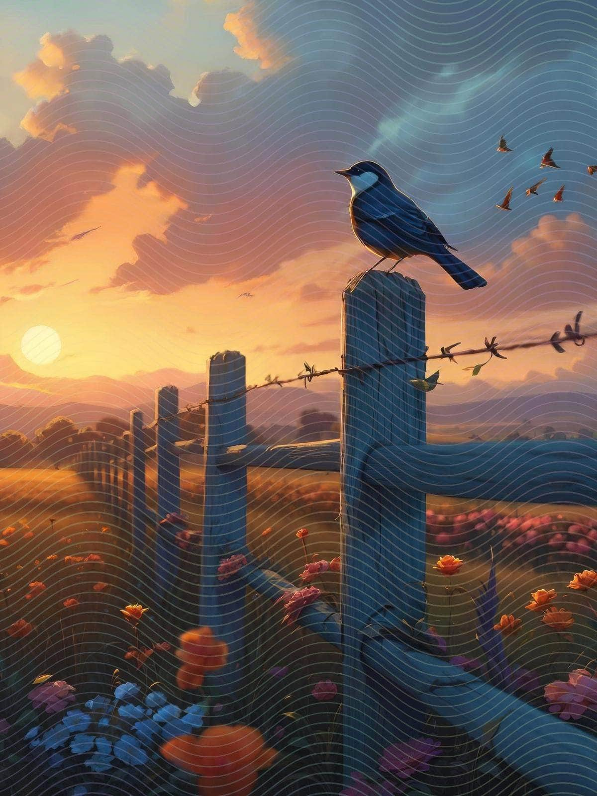 Bird Sits in a Flower Field at Sunset