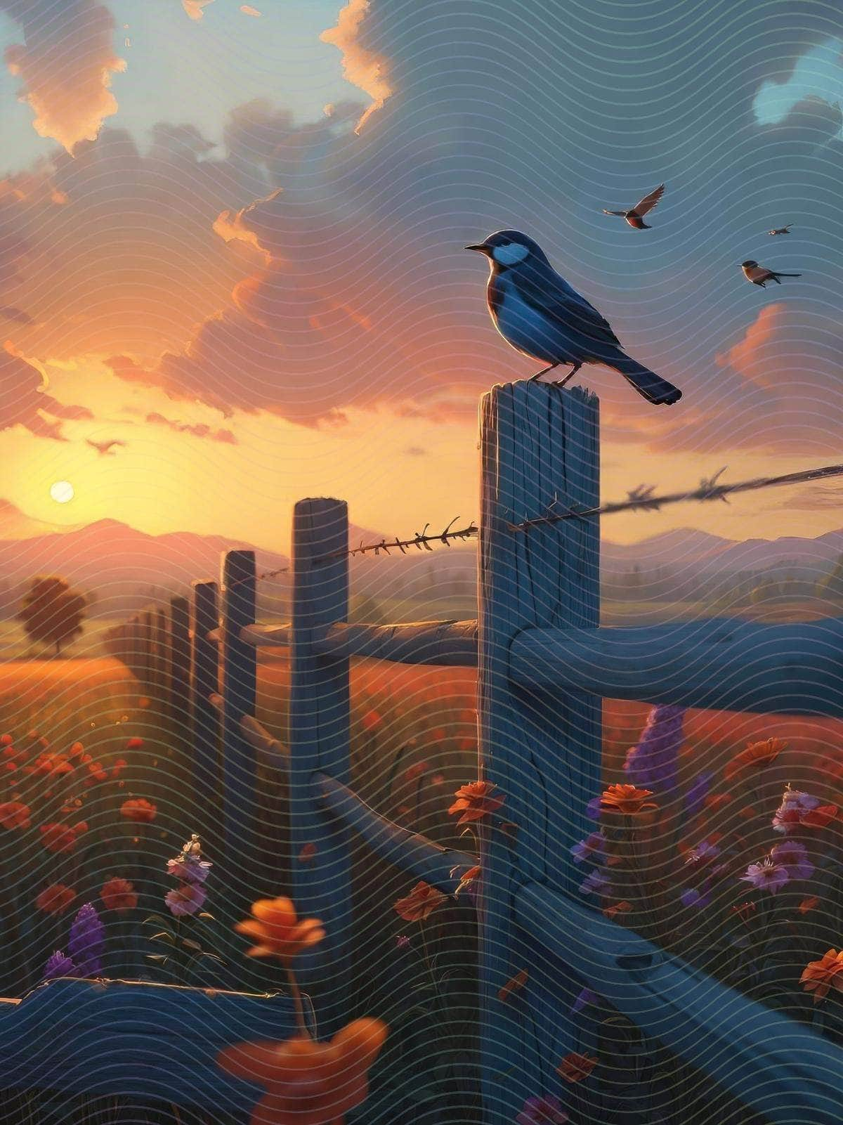 Bird Sits in a Flower Field at Sunset