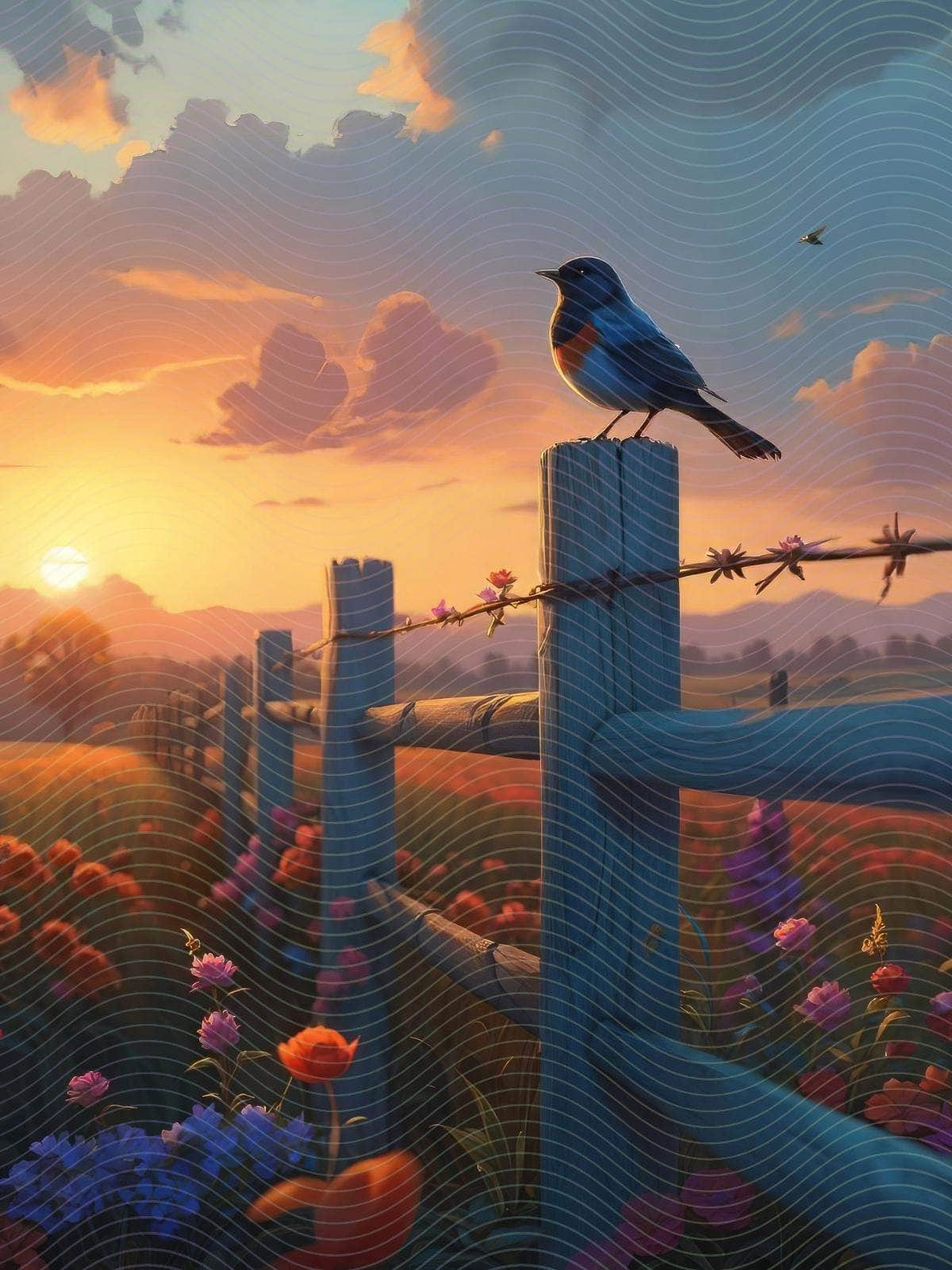 Bird Sits in a Flower Field at Sunset