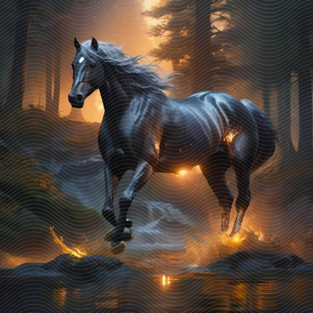 Black Horse Running Through a Forest