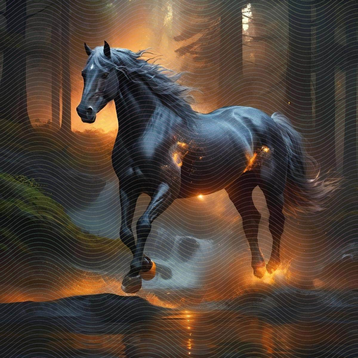 Black Horse Running Through a Forest