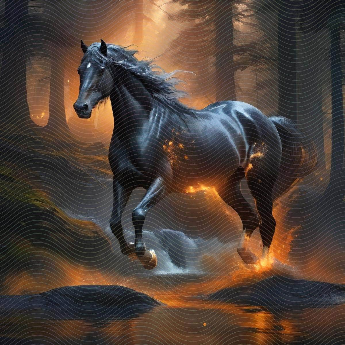 Black Horse Running Through a Forest