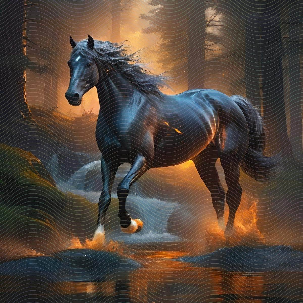 Black Horse Running Through a Forest