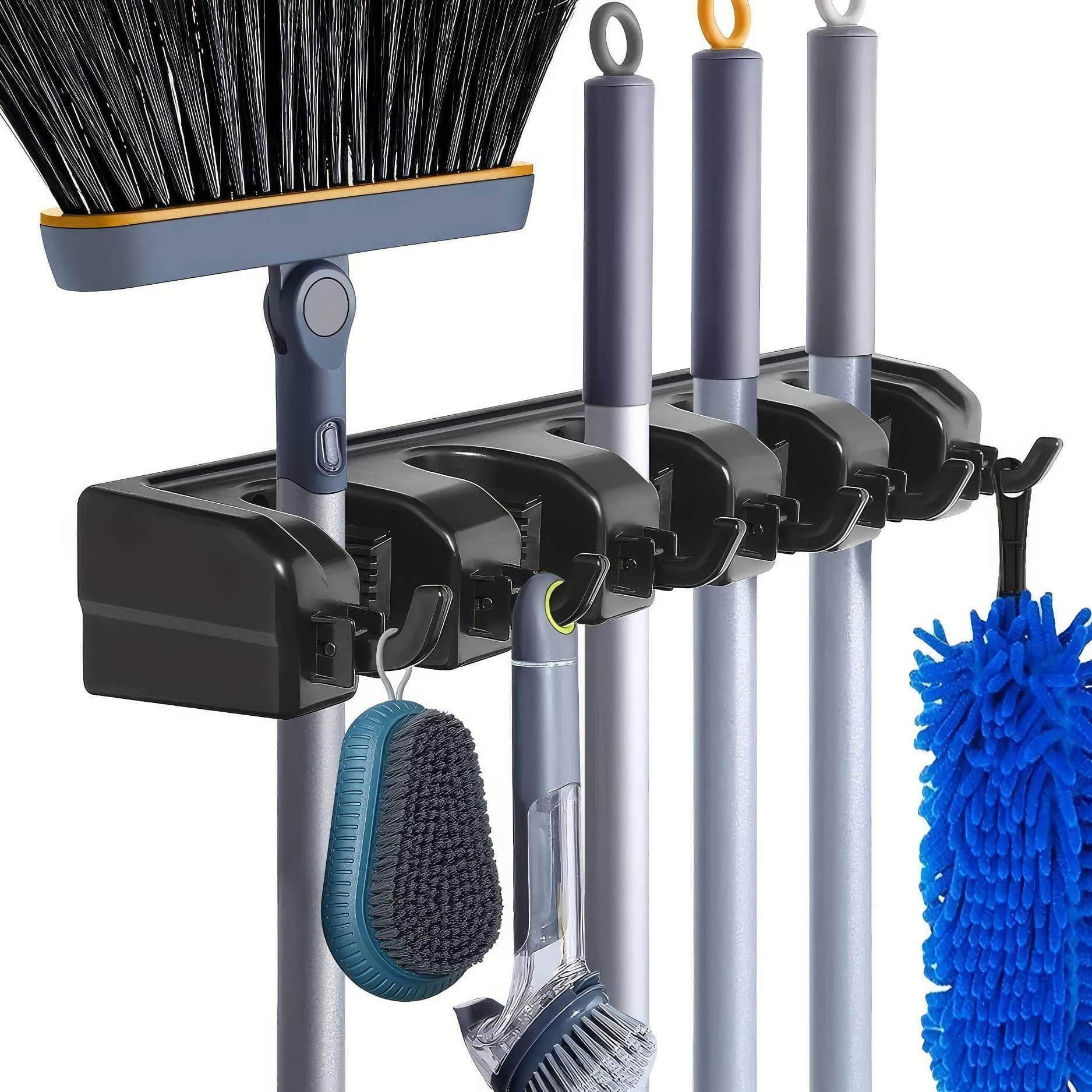 Black Magic Plastic Mop Holder - Wall Mounted, 3/4/5 Position Multi-Functional Broom Hanger Shelf for Home Kitchen Storage