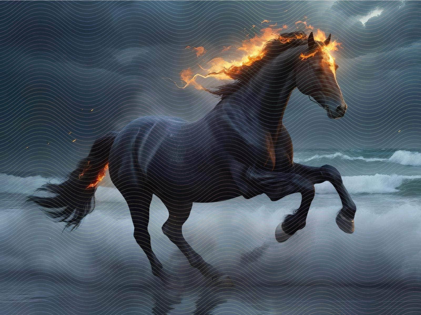 Black Stallion Running on Water in Flames