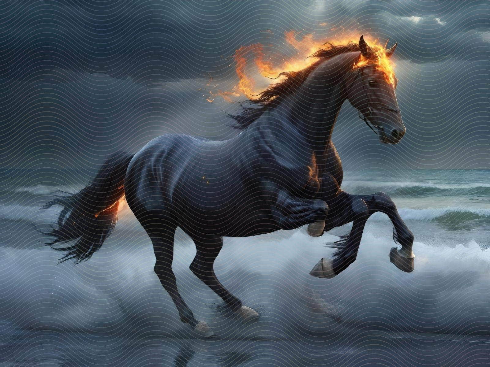 Black Stallion Running on Water in Flames