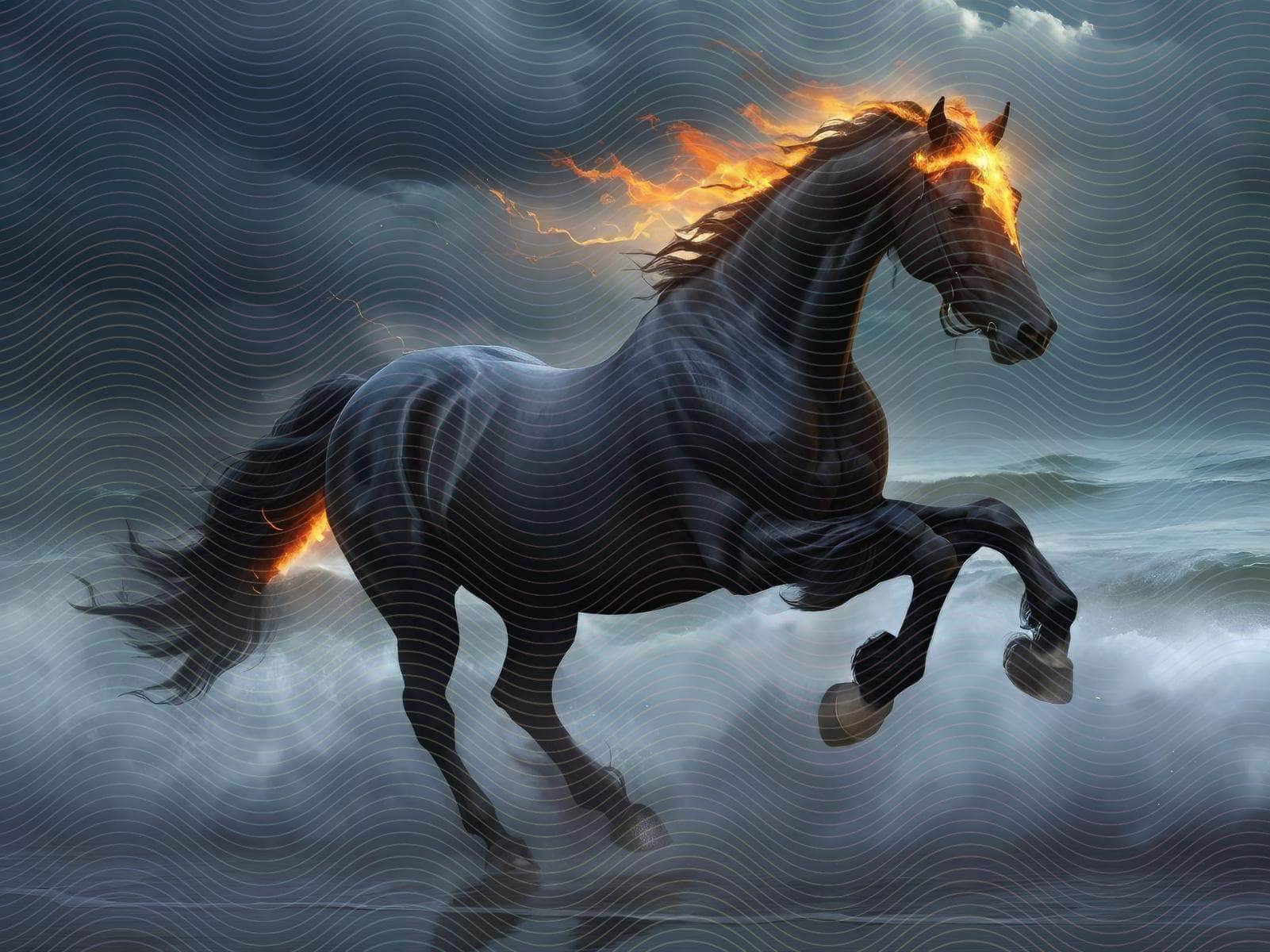 Black Stallion Running on Water in Flames