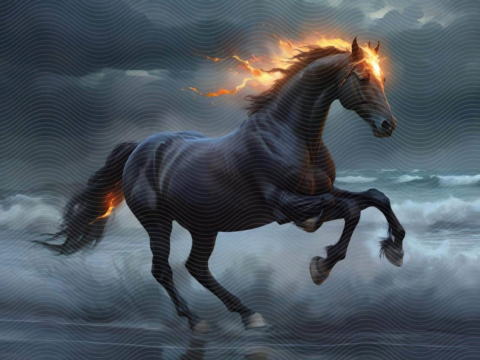 Black Stallion Running on Water in Flames