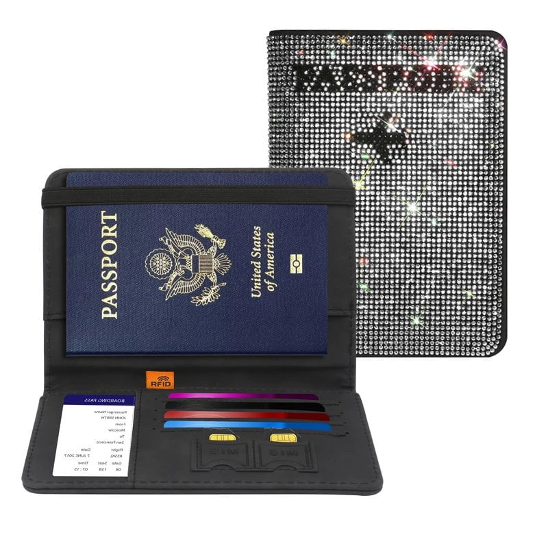 Bling Rhinestone PU Leather Women's Passport Holder Cover