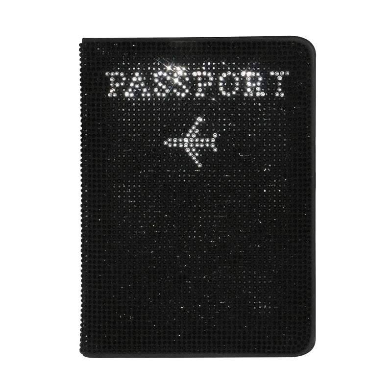 Bling Rhinestone PU Leather Women's Passport Holder Cover black