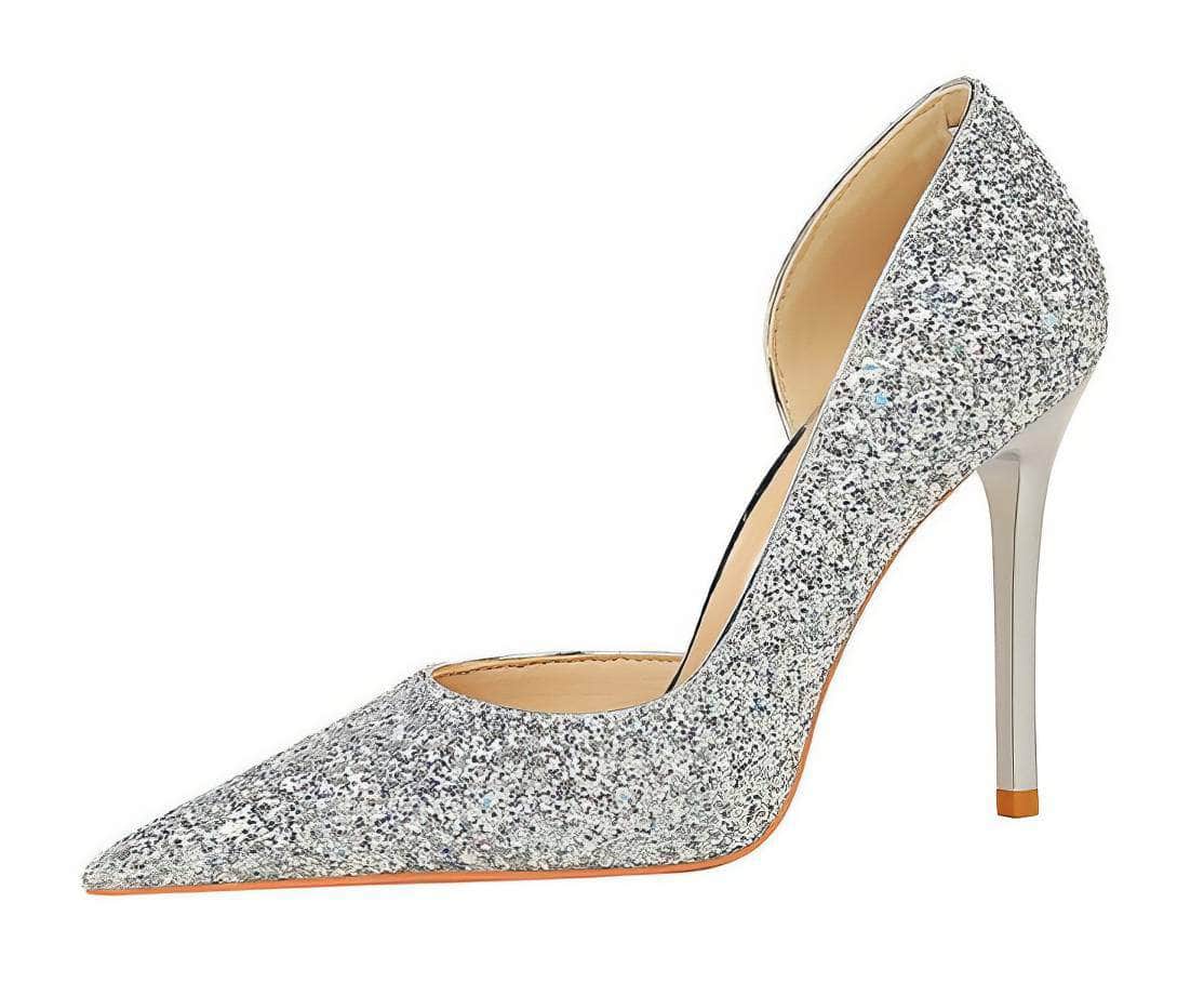Bling Sequin Pointed Toes Heels Pumps EU 33 / Silver / 7CM