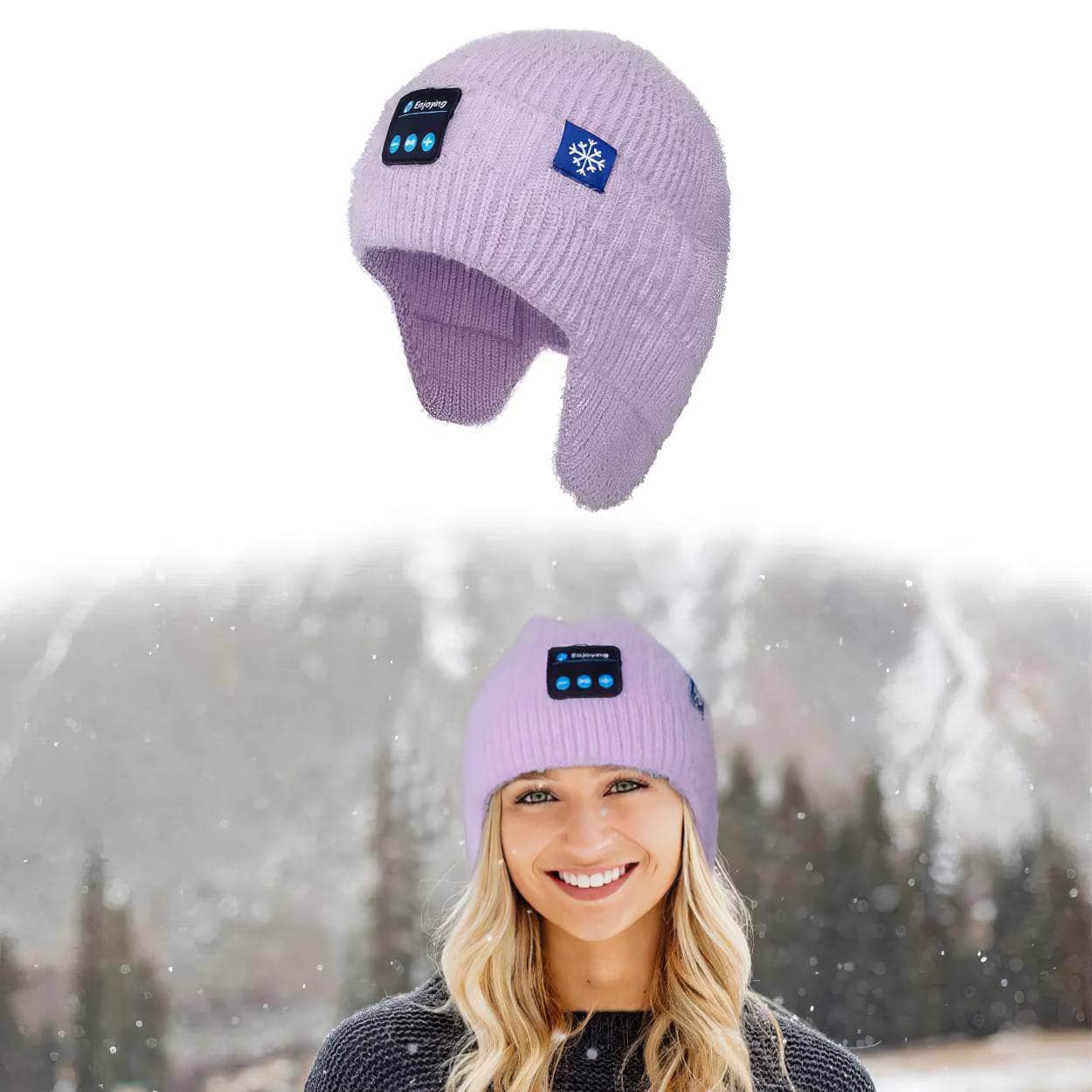 Bluetooth Beanie Hat with Wireless Headphones - Winter Knit Hat for Men and Women, Ear Flaps, Music Speaker, Outdoor Walking Cap in Purple