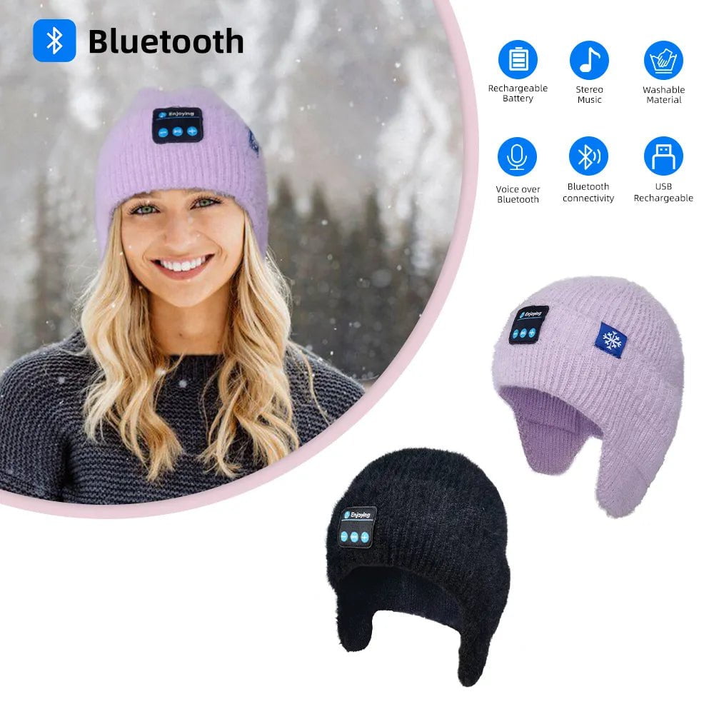 Bluetooth Beanie Hat with Wireless Headphones - Winter Knit Hat for Men and Women, Ear Flaps, Music Speaker, Outdoor Walking Cap in Purple