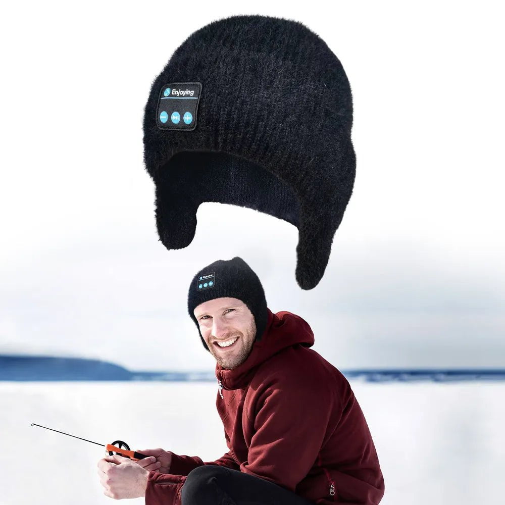 Bluetooth Beanie Hat with Wireless Headphones - Winter Knit Hat for Men and Women, Ear Flaps, Music Speaker, Outdoor Walking Cap in Purple beanie black