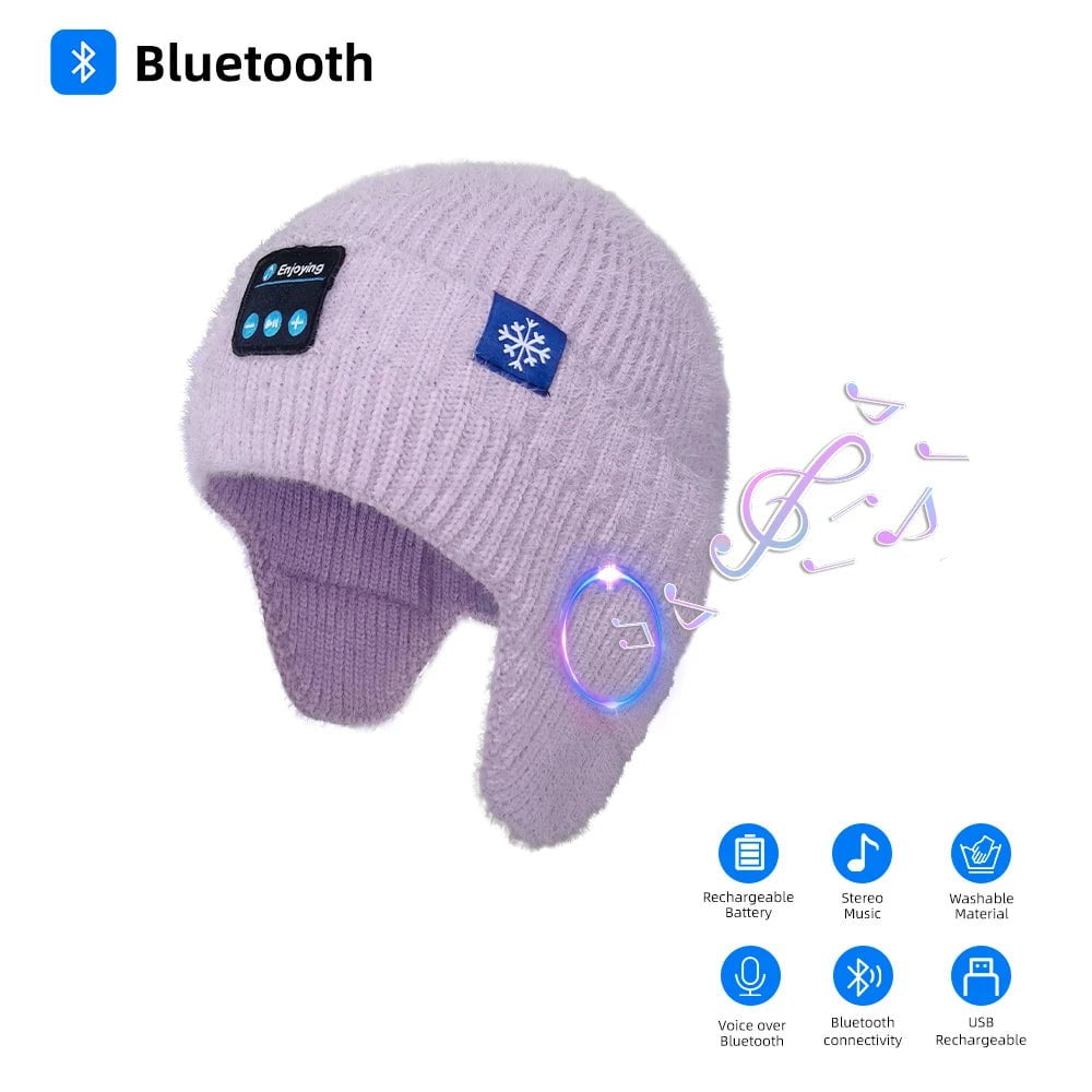 Bluetooth Beanie Hat with Wireless Headphones - Winter Knit Hat for Men and Women, Ear Flaps, Music Speaker, Outdoor Walking Cap in Purple beanie purple