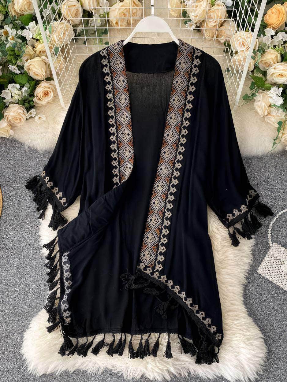 Bohemian Tassel Embroidered Kimono Robe MAX SIZE / Black