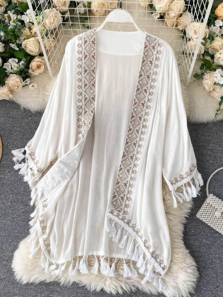 Bohemian Tassel Embroidered Kimono Robe MAX SIZE / White