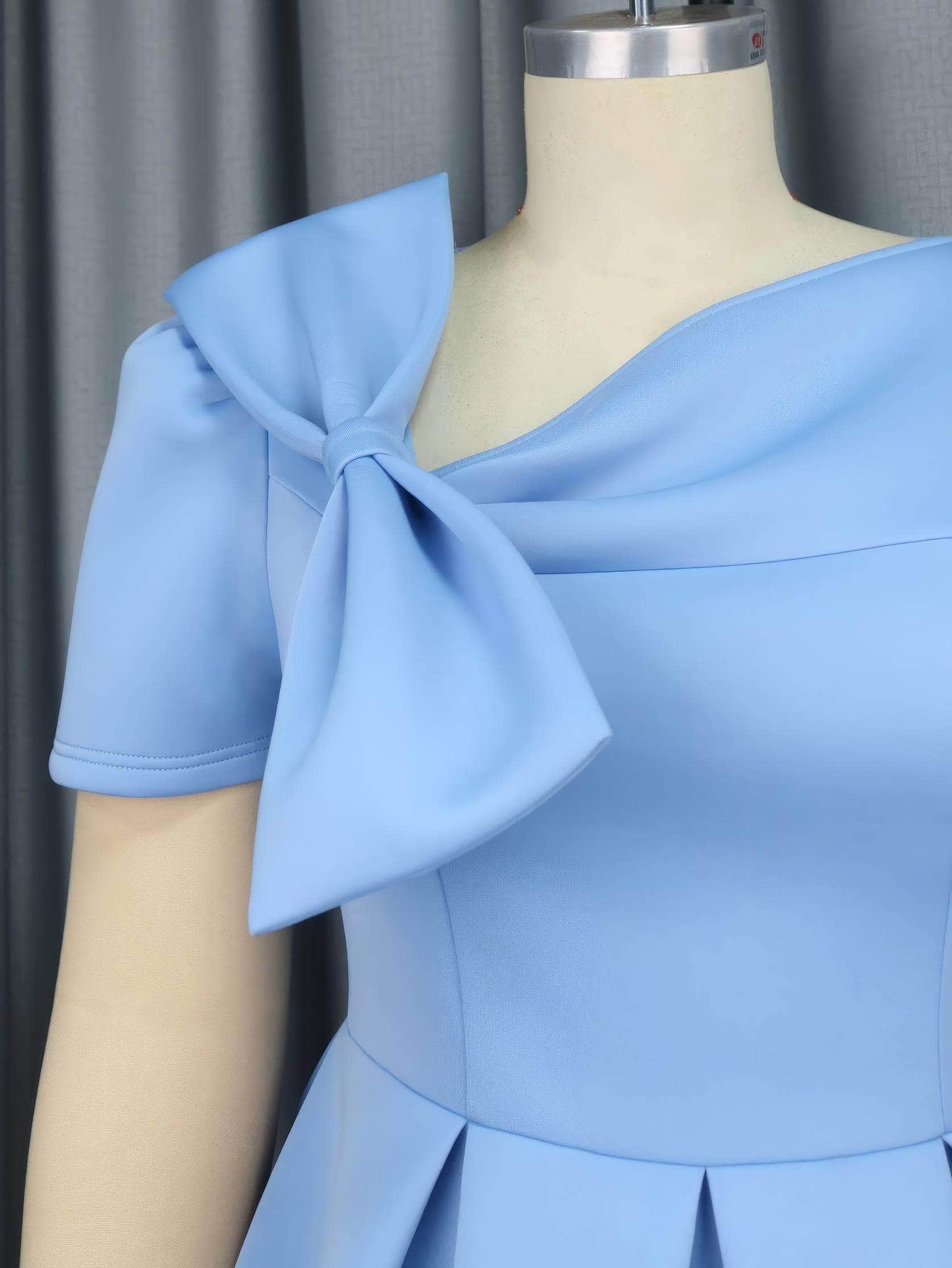 Bow Detail Asymmetrical Neck Pleated A-Line Dress