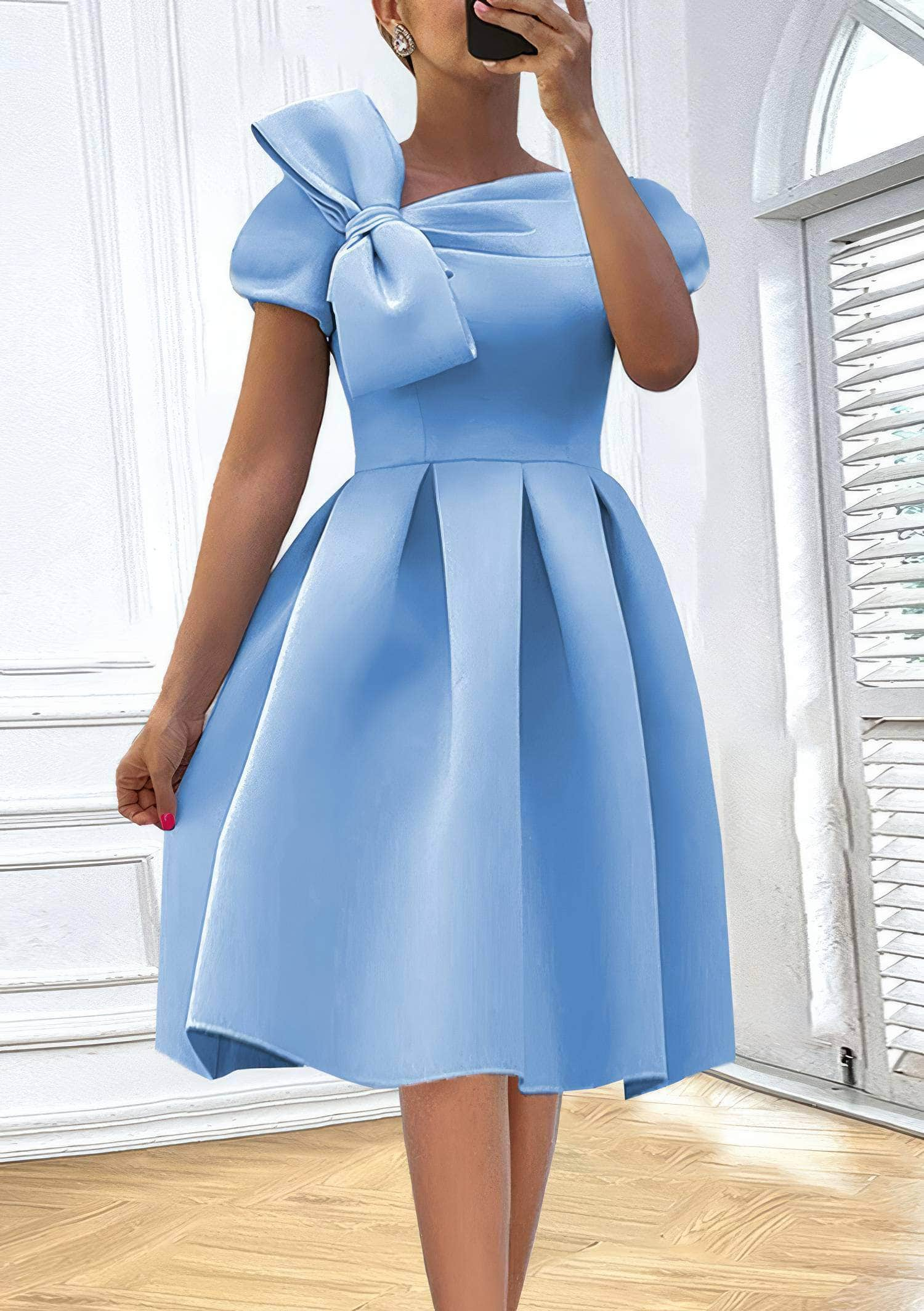 Bow Detail Asymmetrical Neck Pleated A-Line Dress US 4-6 / LightSkyBlue