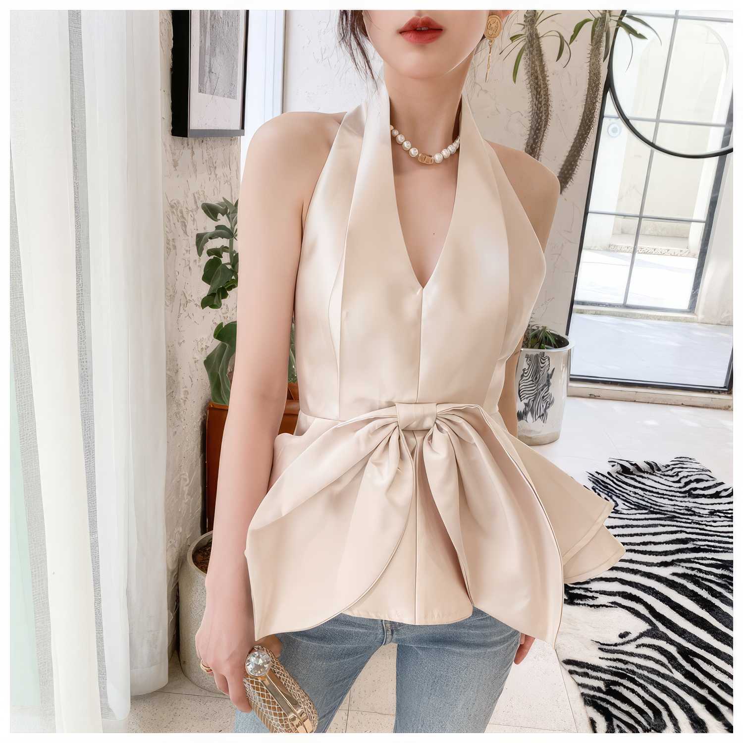 Bow Detail Satin Halter Peplum Top