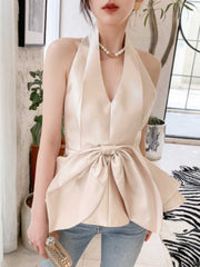 Bow Detail Satin Halter Peplum Top