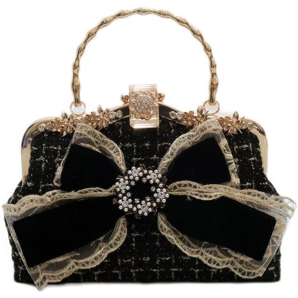 Bow Embellished Rhinestone Decorated Metallic Handle Purse