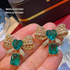 Bow Knot Heart Shaped Deco Emerald Stud Earrings Green