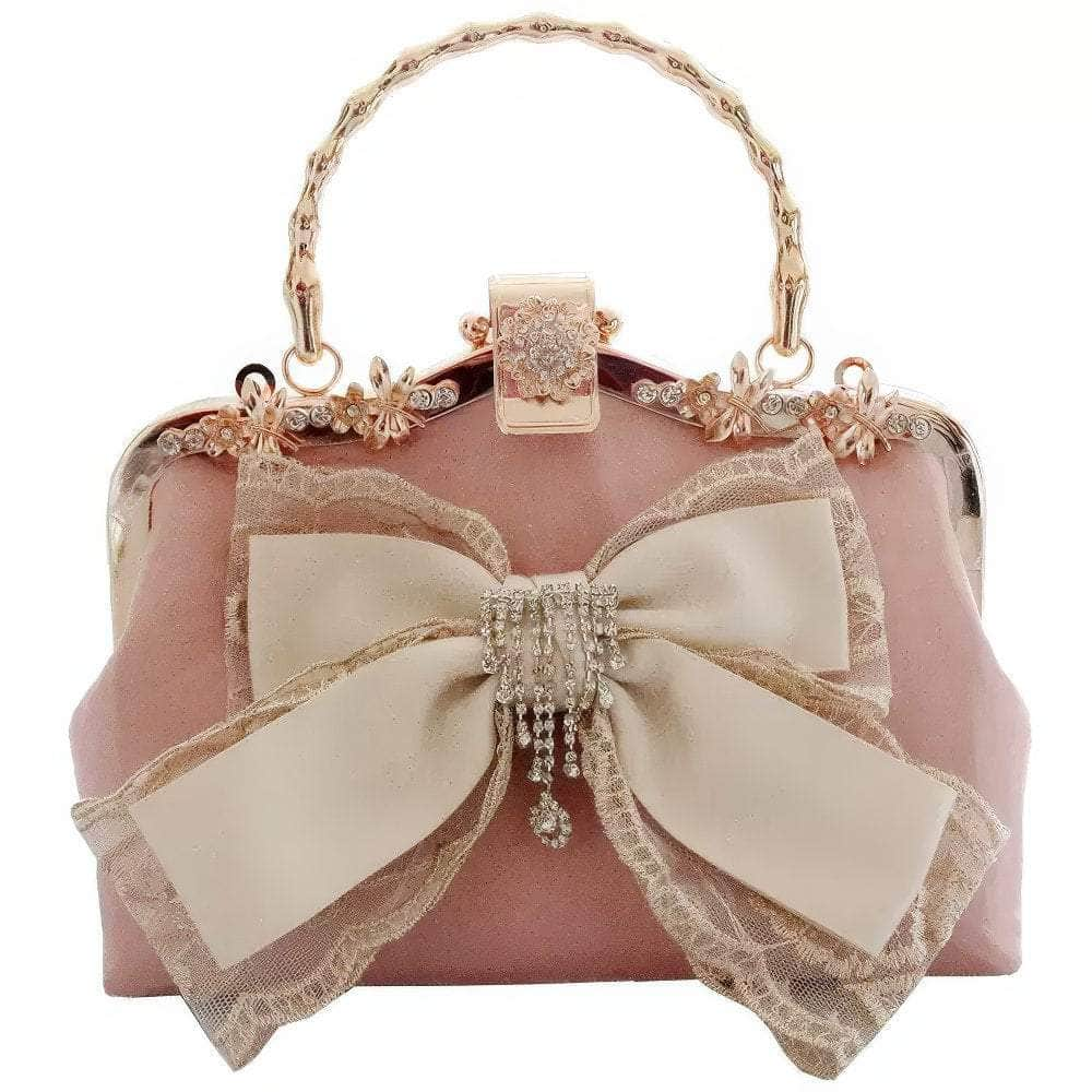 Bow Mesh Detailed Crystal Tassel Diamond Purse LightPink