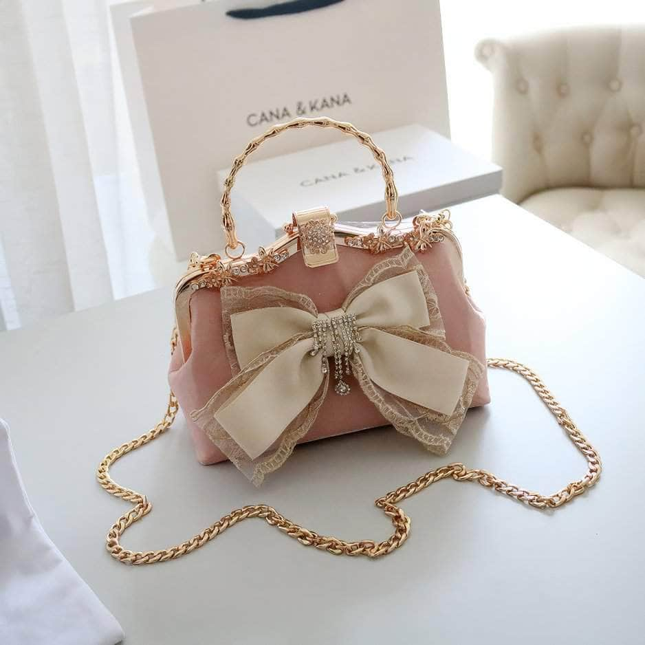 Bow Mesh Detailed Crystal Tassel Diamond Purse LightPink