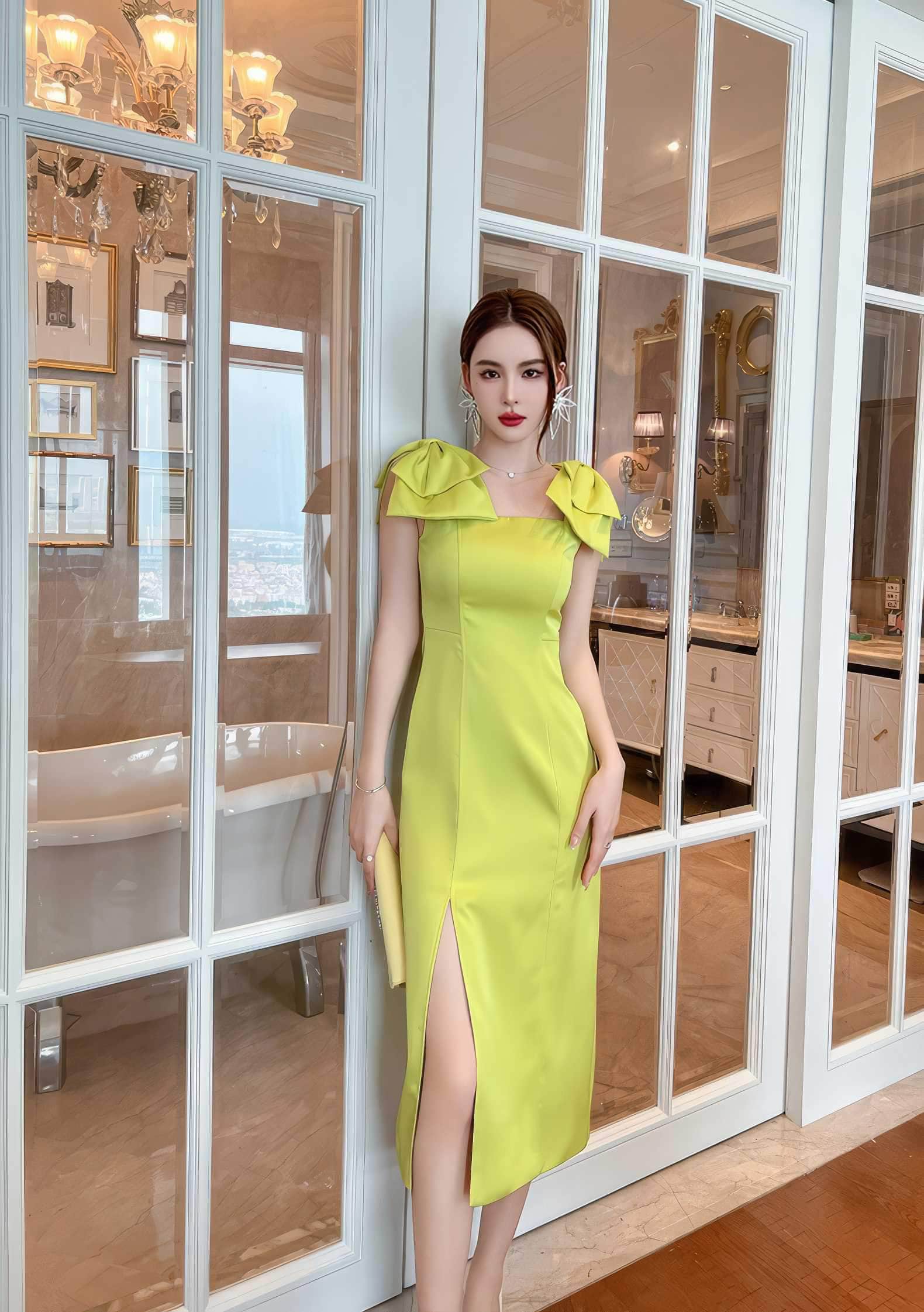 Bow Sleeves Side Slit Midi Dress S / YellowGreen
