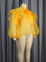 Bow Tie Neck Ruffle Lantern Sleeves Tulle Top