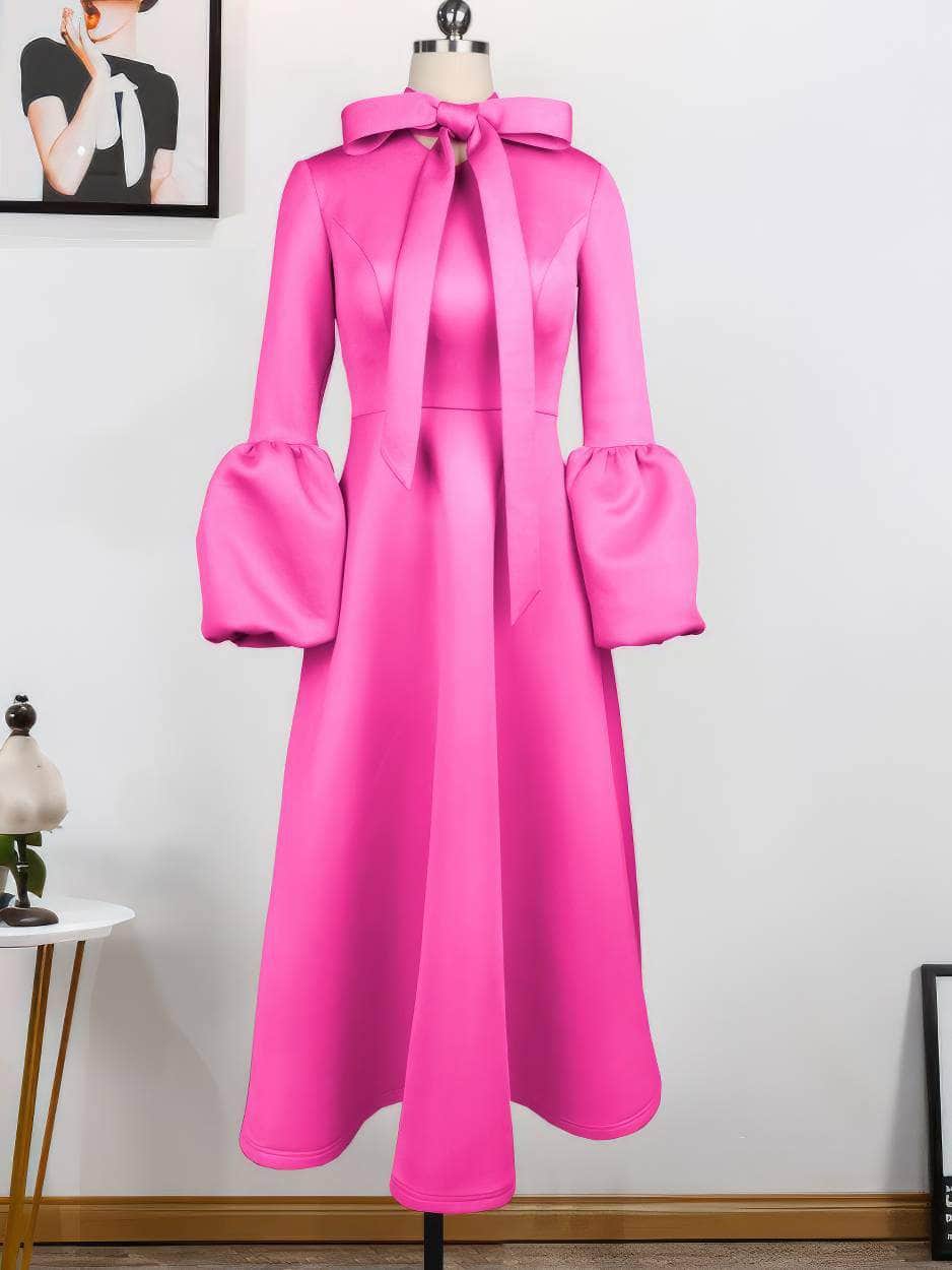 Bowtie Lantern Sleeves Maxi A-Line Dress US 4-6 / Pink