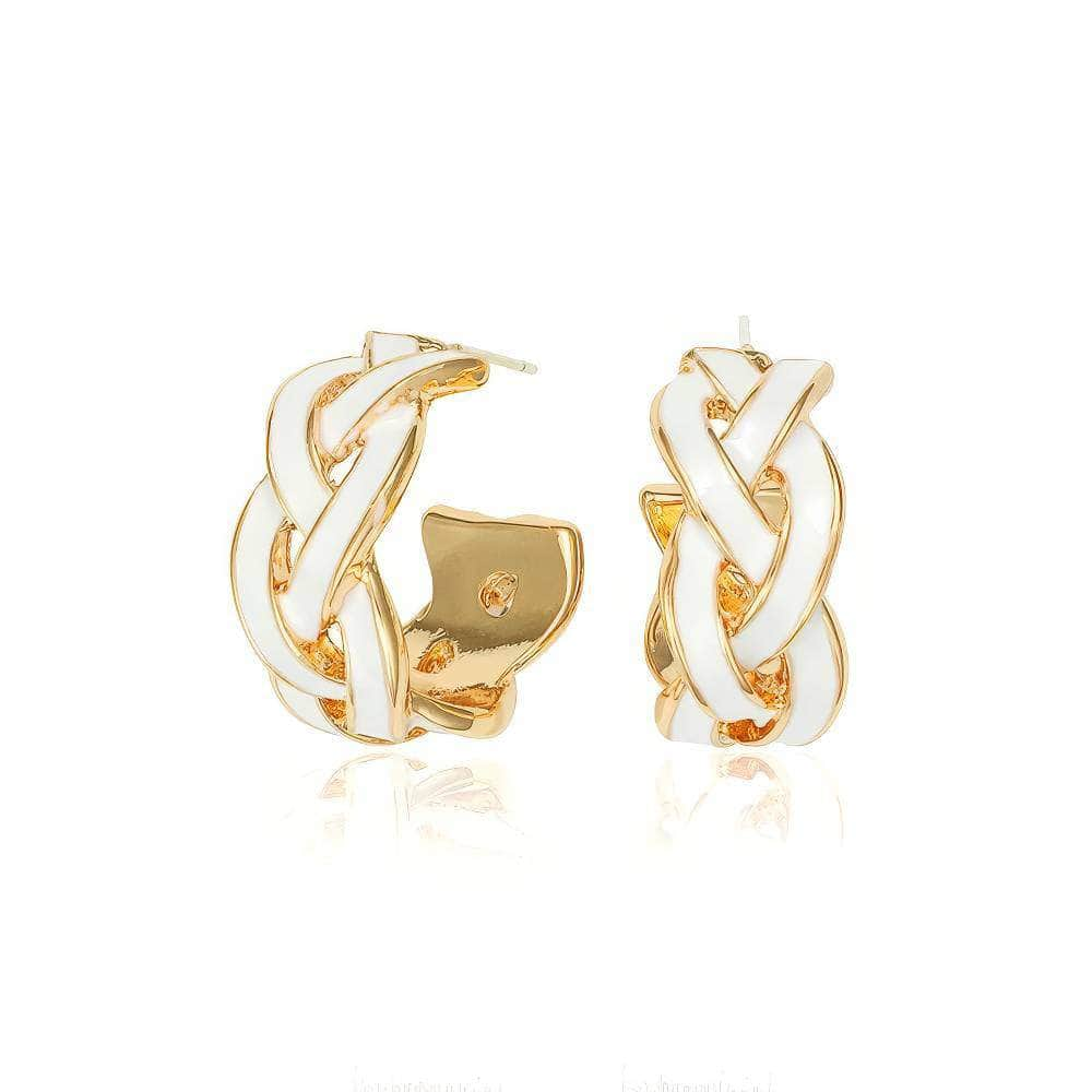 Braided 14k Gold Enamel Cutout Hoop Earrings White / Clip On