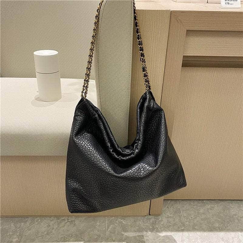 Braided Chain Handle Embossed Leather Large Hobo Bag