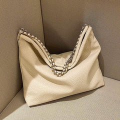 Braided Chain Handle Embossed Leather Large Hobo Bag White