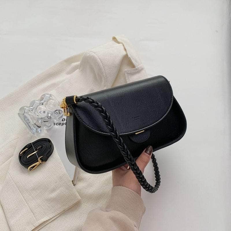 Braided Handle Minimalist Saddle Bag with Flap Closure Black