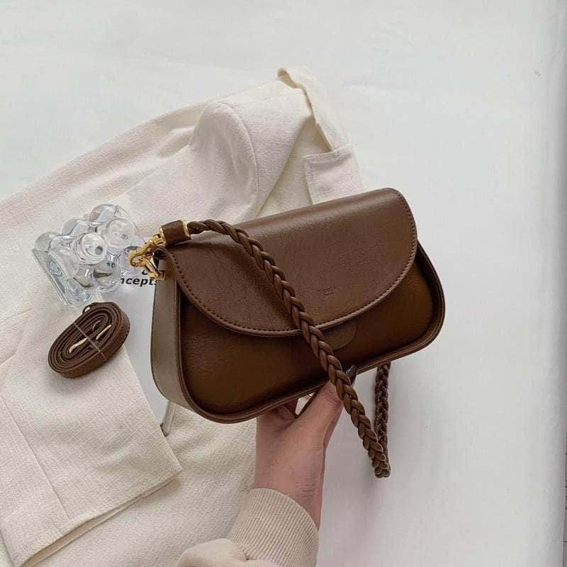 Braided Handle Minimalist Saddle Bag with Flap Closure Brown
