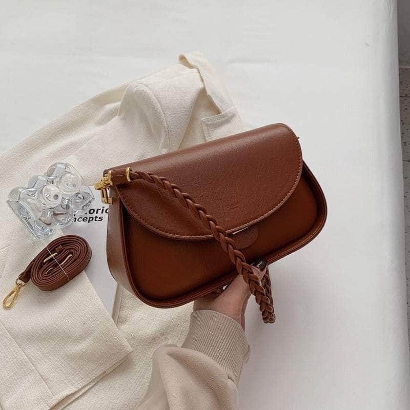 Braided Handle Minimalist Saddle Bag with Flap Closure Cinnamon