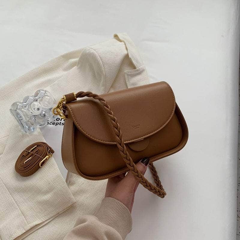 Braided Handle Minimalist Saddle Bag with Flap Closure Tan
