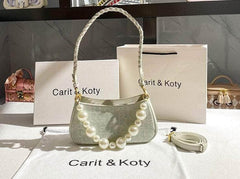 Braided Handle Pearl Accented Hobo Bag