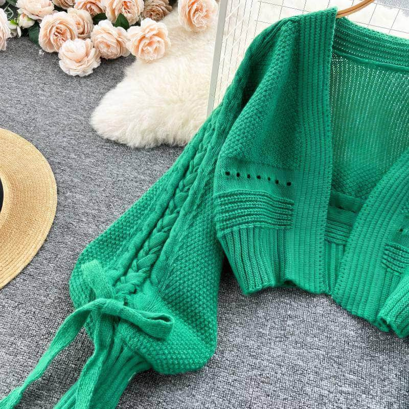 Braided Lantern Sleeves Knitted Sweater