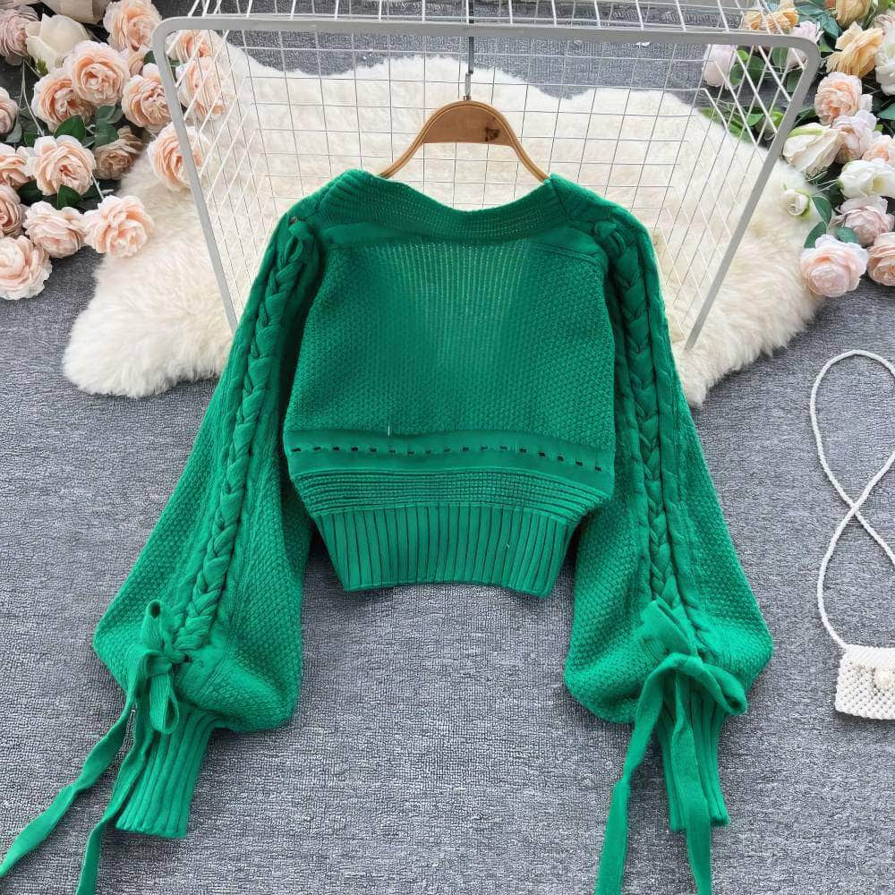 Braided Lantern Sleeves Knitted Sweater