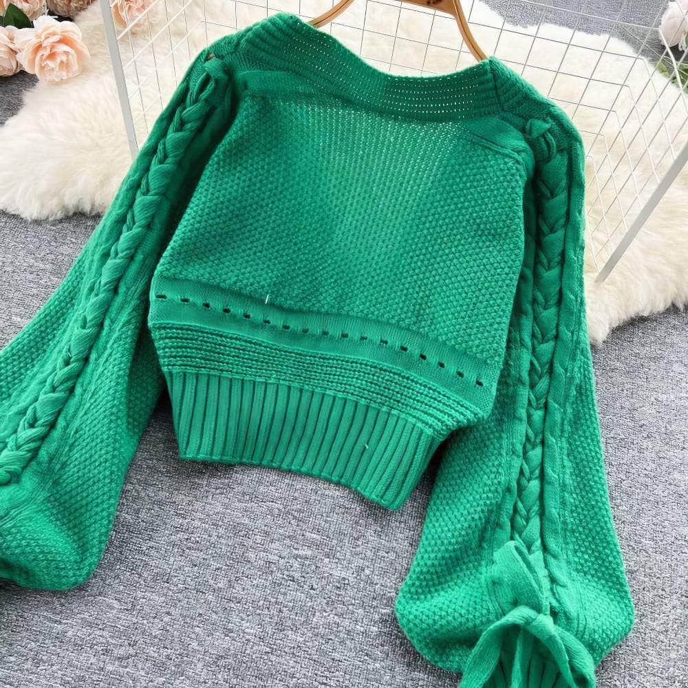 Braided Lantern Sleeves Knitted Sweater