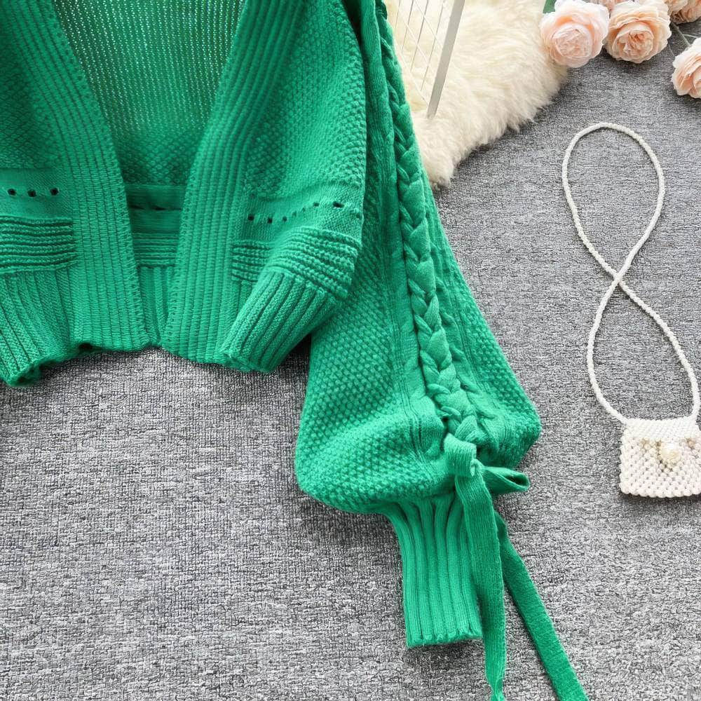 Braided Lantern Sleeves Knitted Sweater