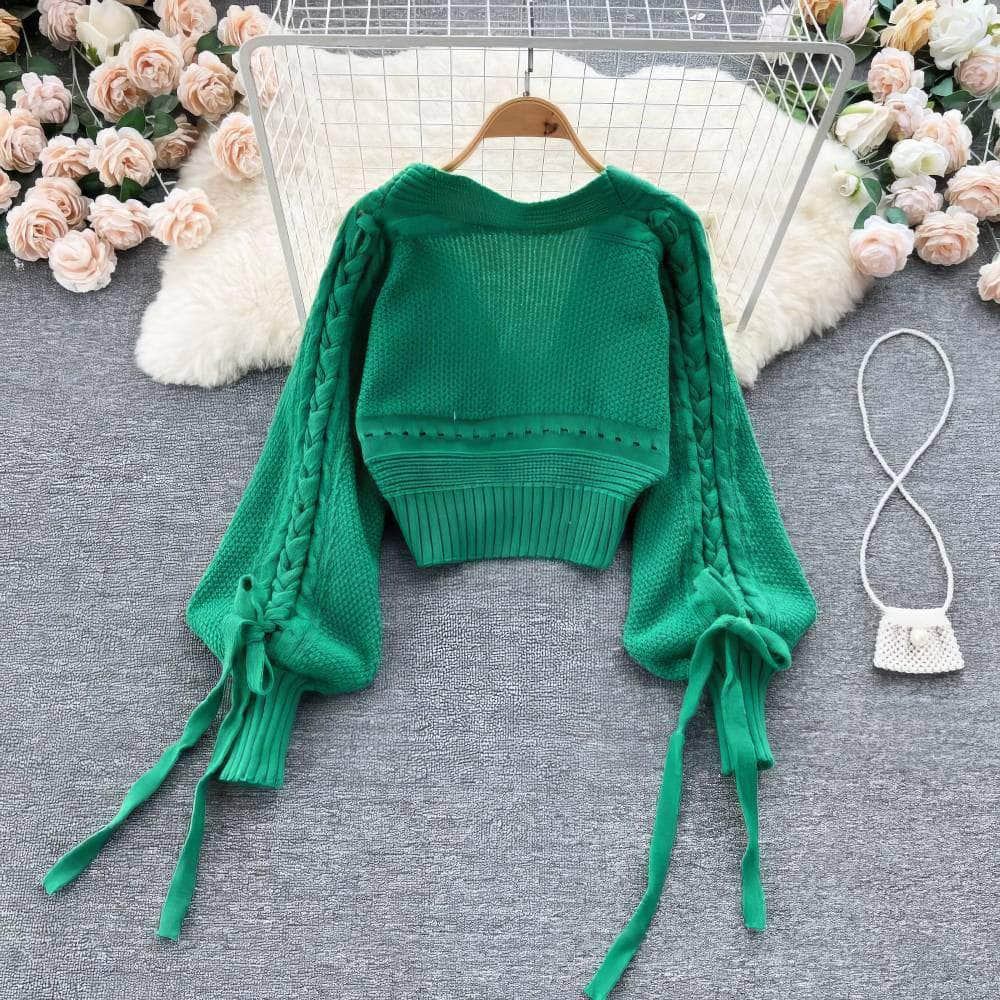 Braided Lantern Sleeves Knitted Sweater