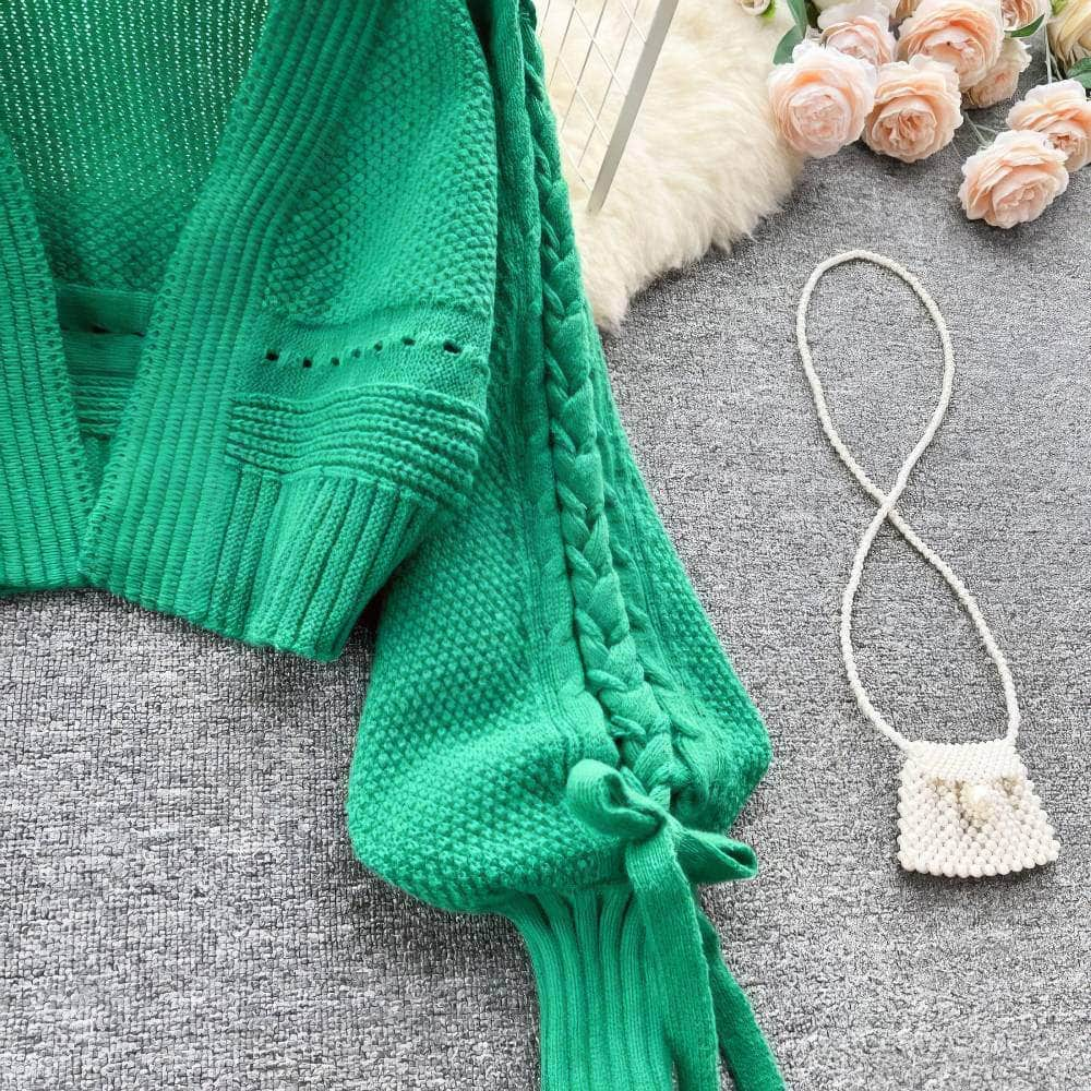 Braided Lantern Sleeves Knitted Sweater