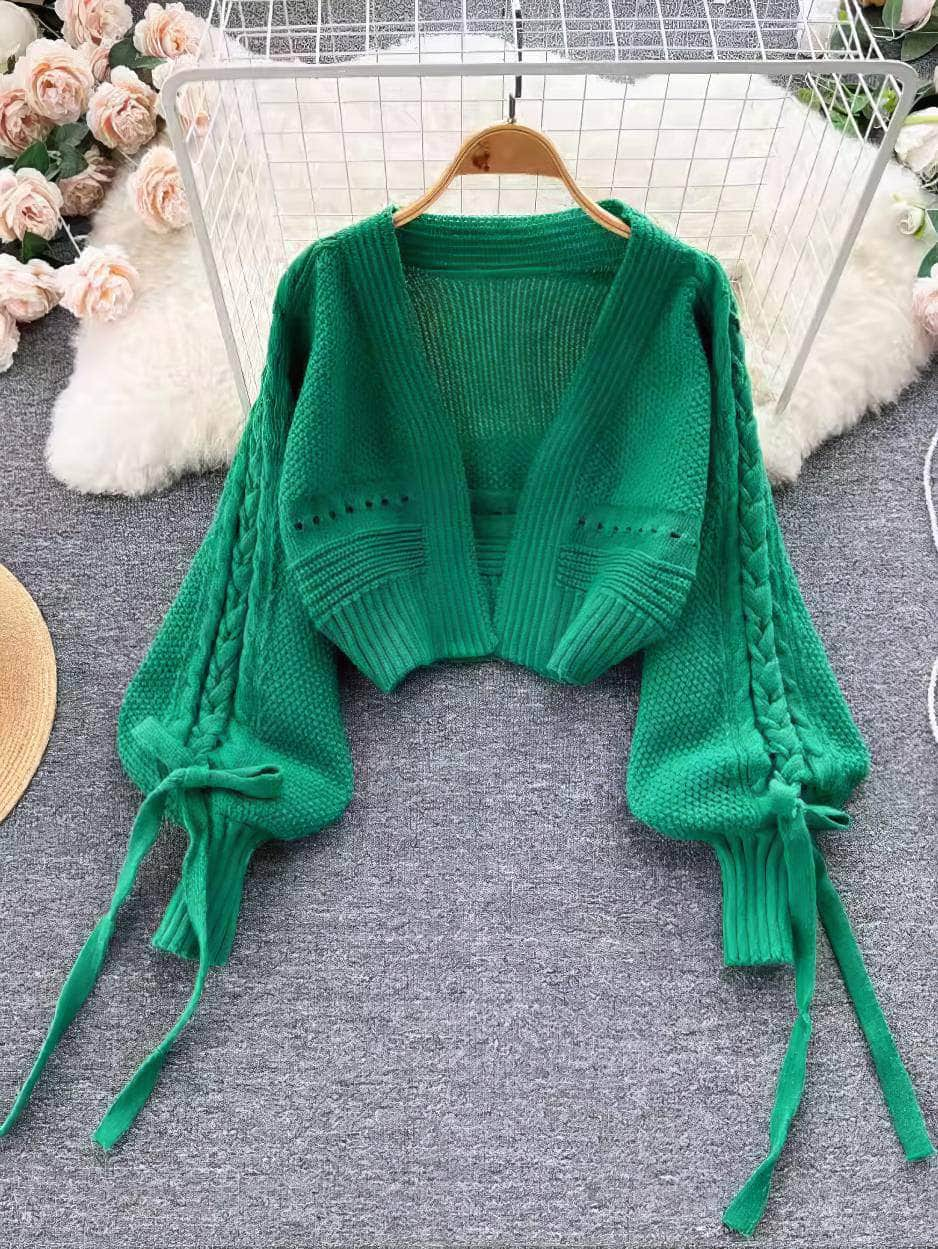 Braided Lantern Sleeves Knitted Sweater MAX SIZE / Green