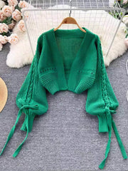 Braided Lantern Sleeves Knitted Sweater MAX SIZE / Green